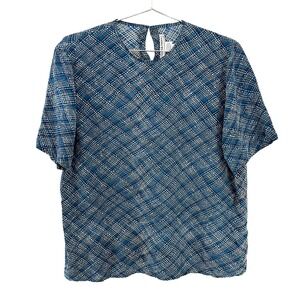NORA NOH 100% Silk Crew Neck Tee Blouse • Large • blue white tan boho indie chic